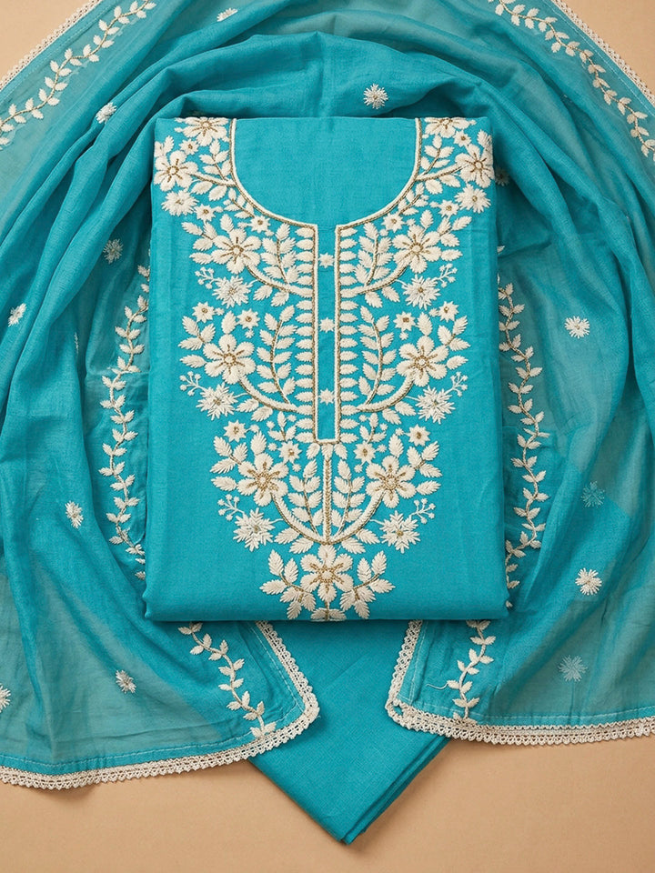Sky Blue Embroidery Chanderi Unstitched Dress Material