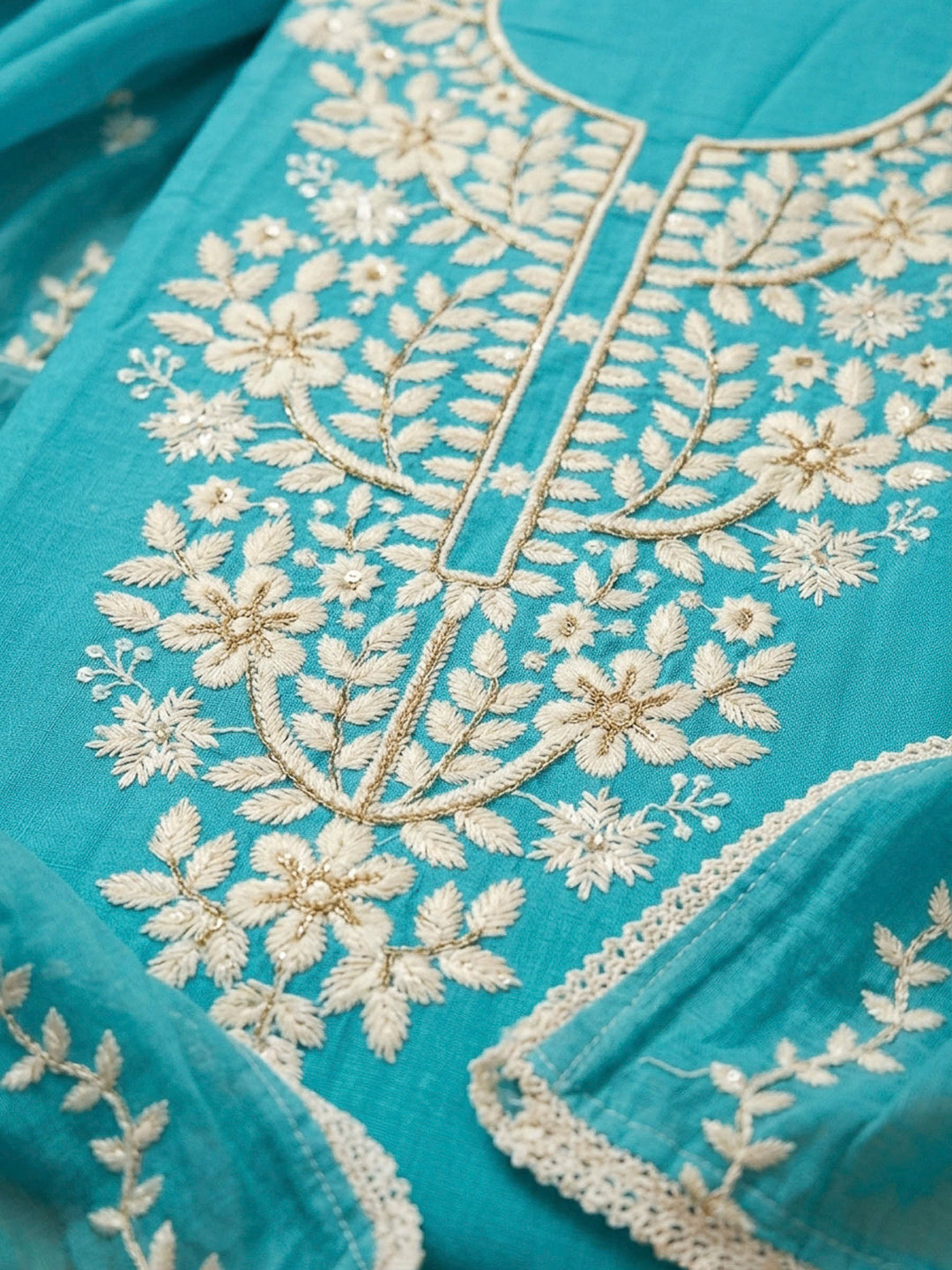 Sky Blue Embroidery Chanderi Unstitched Dress Material