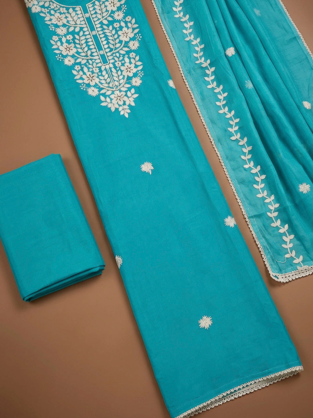 Sky Blue Embroidery Chanderi Unstitched Dress Material