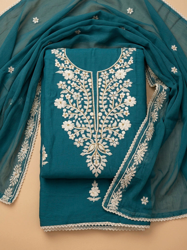 Blue Embroidery Chanderi Unstitched Dress Material