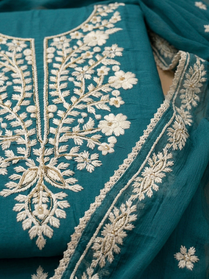 Blue Embroidery Chanderi Unstitched Dress Material