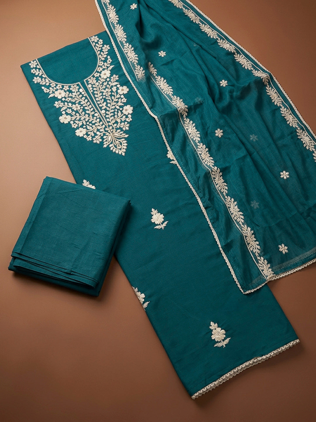 Blue Embroidery Chanderi Unstitched Dress Material