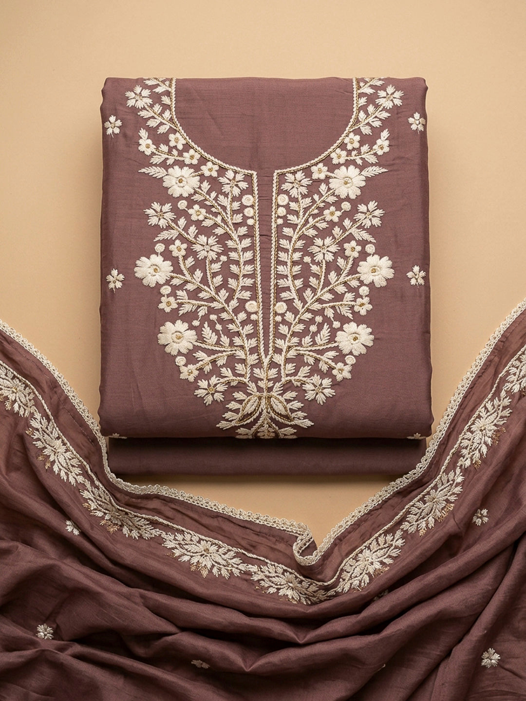 Brown Embroidery Chanderi Unstitched Dress Material