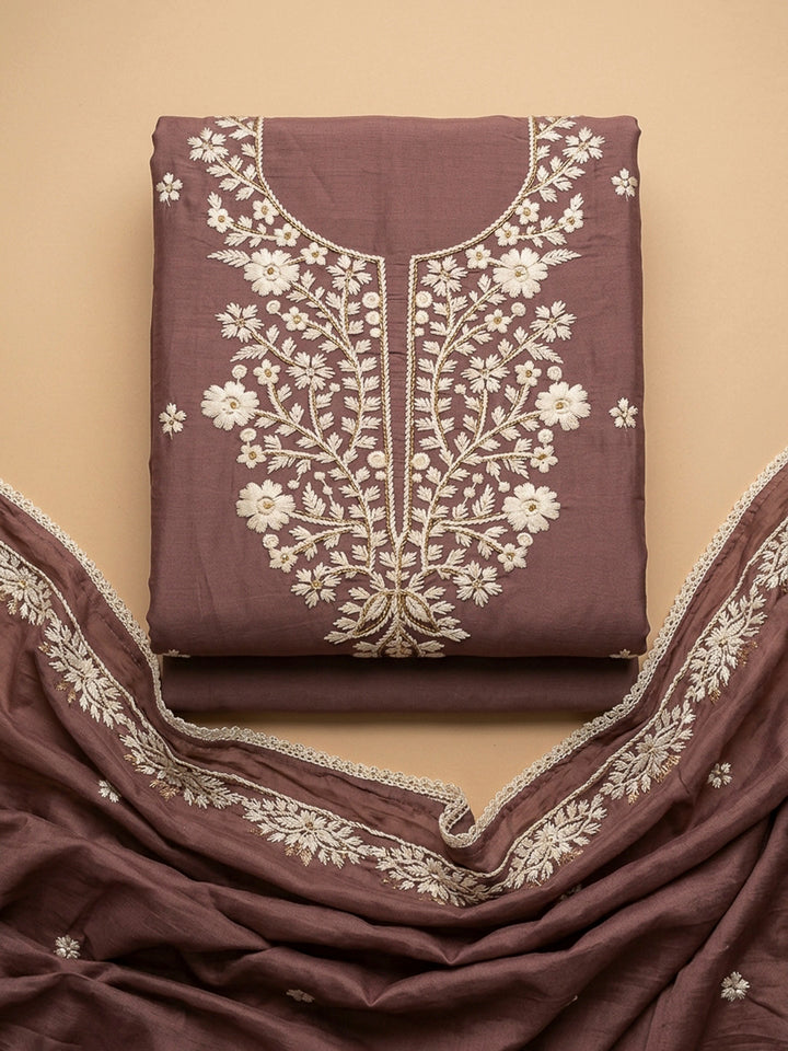 Brown Embroidery Chanderi Unstitched Dress Material