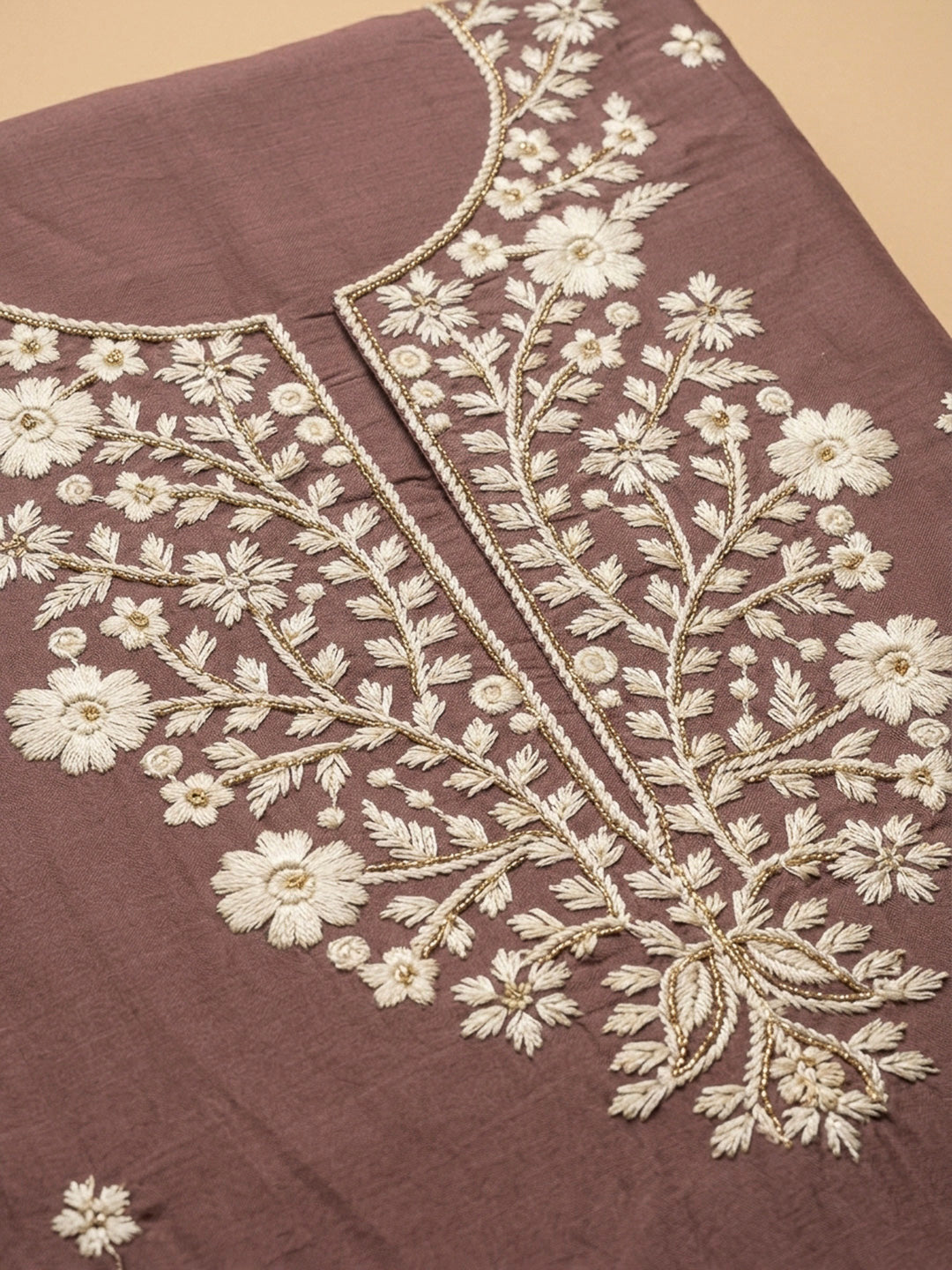 Brown Embroidery Chanderi Unstitched Dress Material