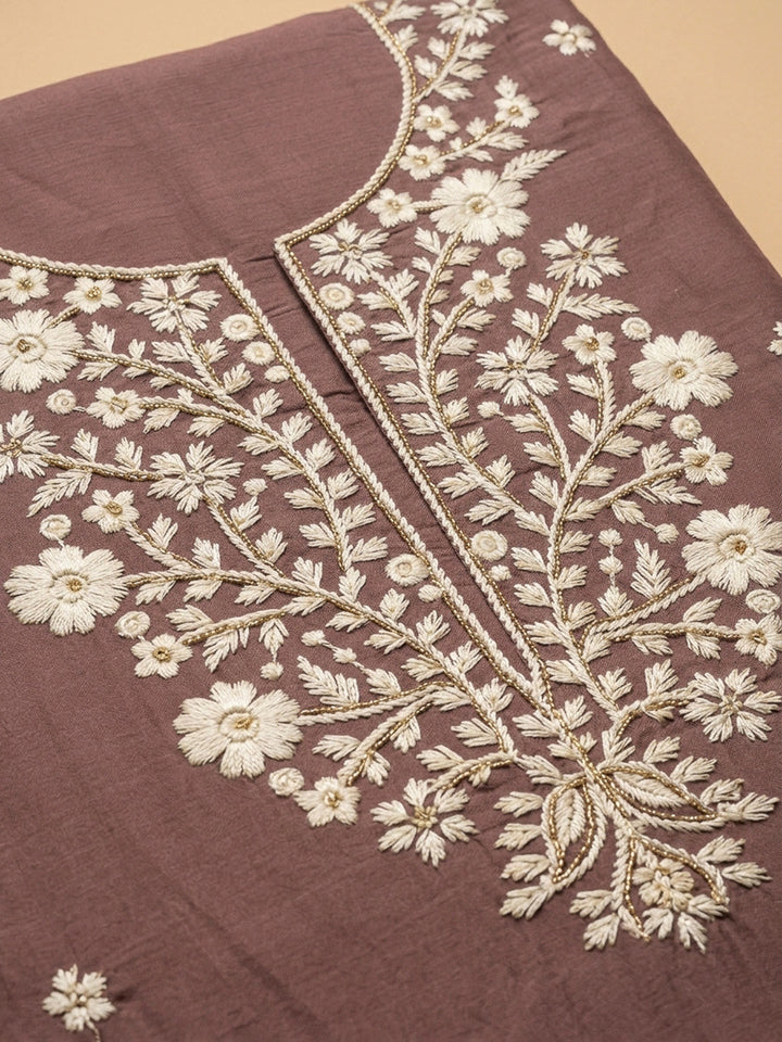 Brown Embroidery Chanderi Unstitched Dress Material