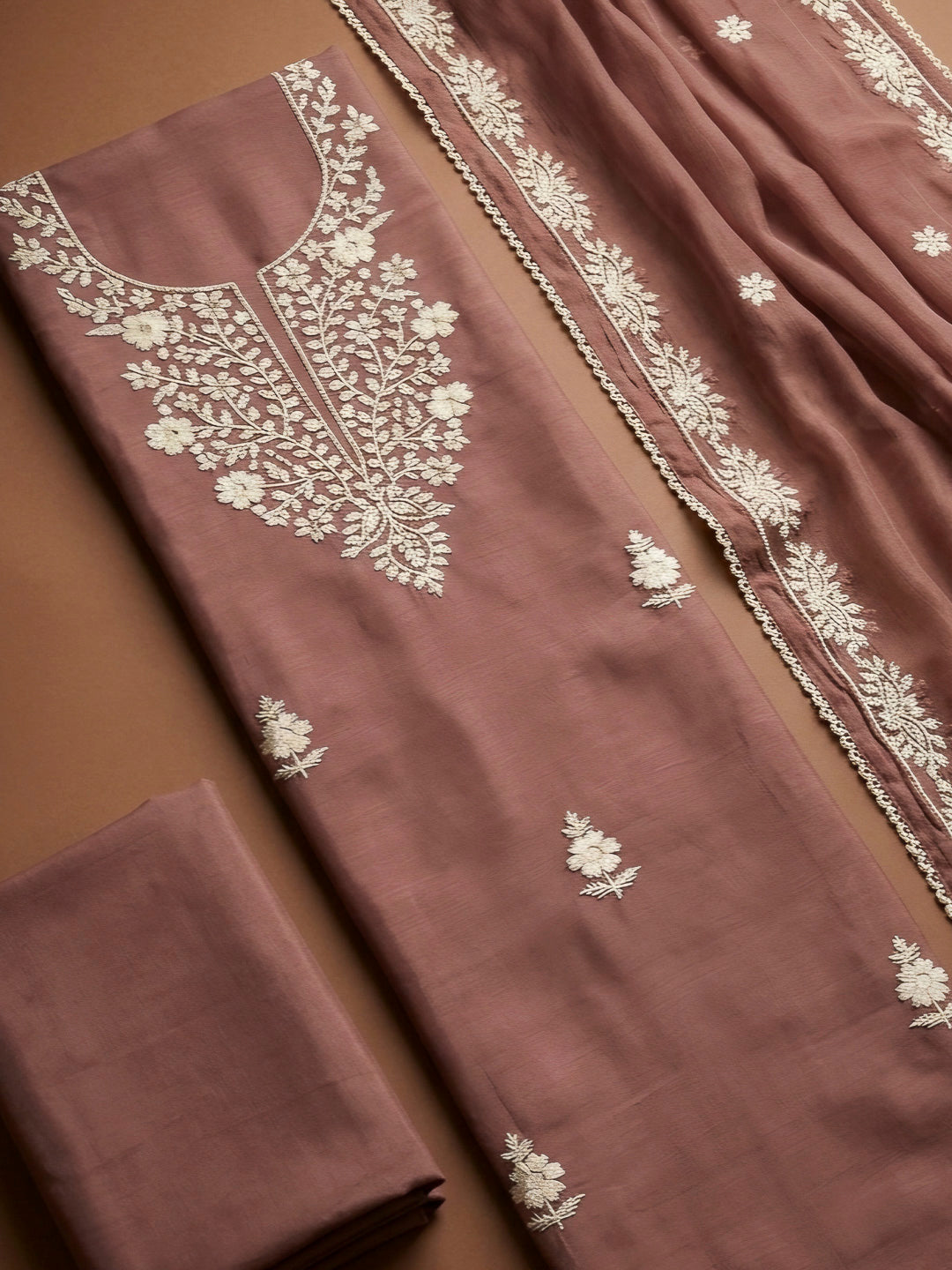 Brown Embroidery Chanderi Unstitched Dress Material