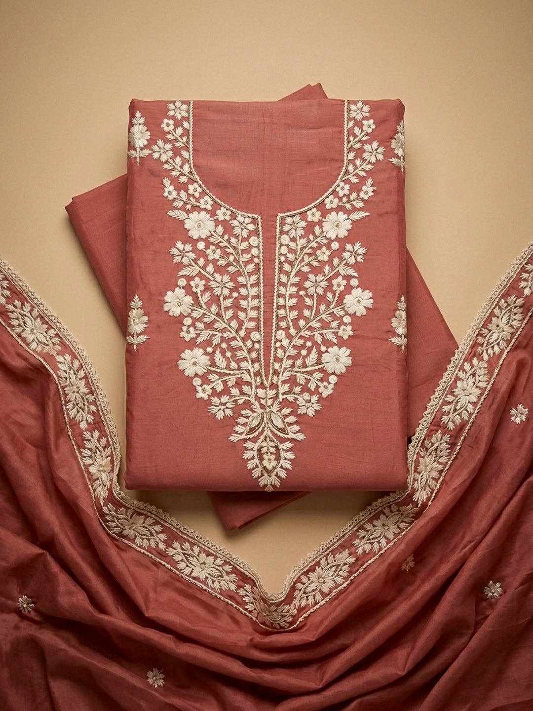 Dull Pink Embroidery Chanderi Unstitched Dress Material