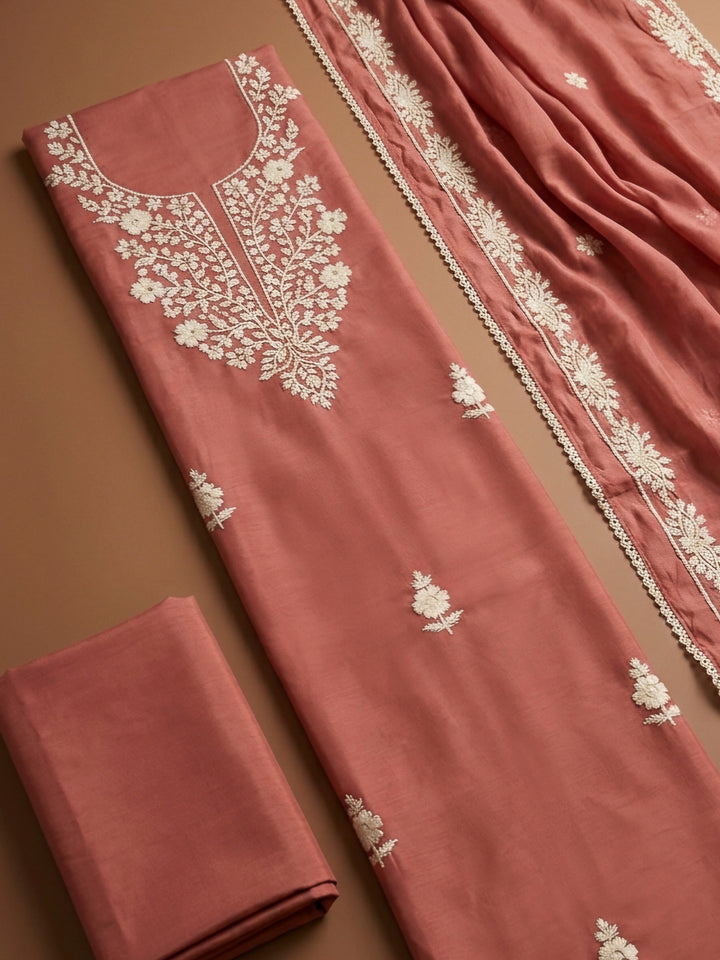 Dull Pink Embroidery Chanderi Unstitched Dress Material