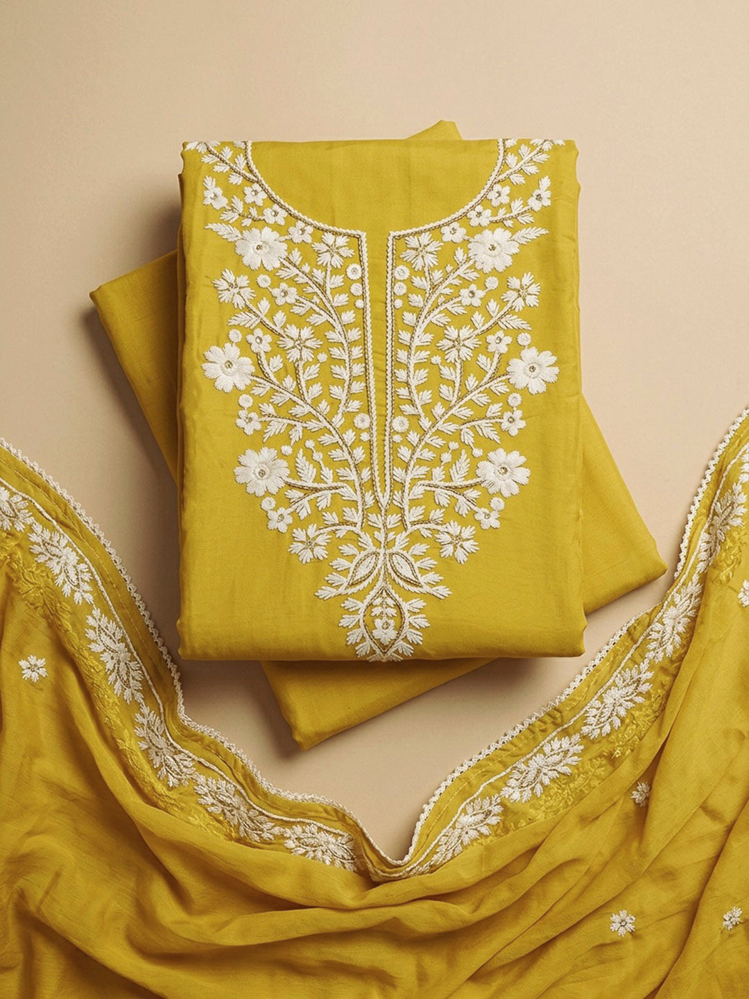 Yellow Embroidery Chanderi Unstitched Dress Material