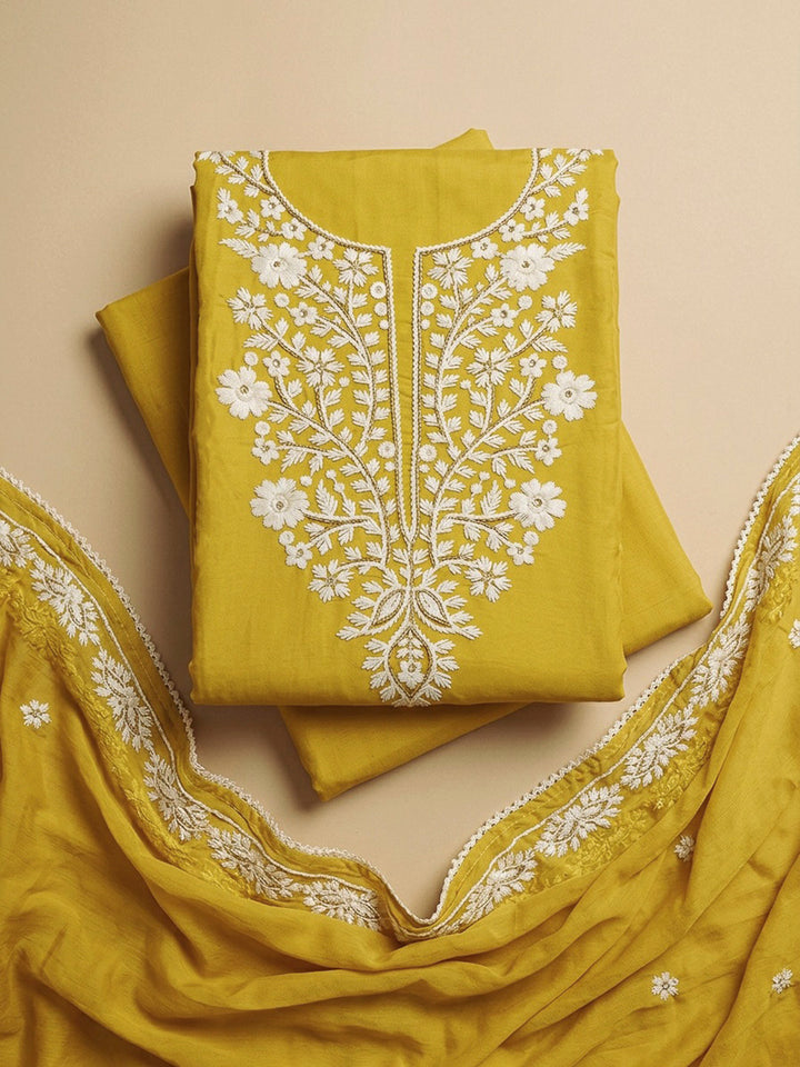 Yellow Embroidery Chanderi Unstitched Dress Material