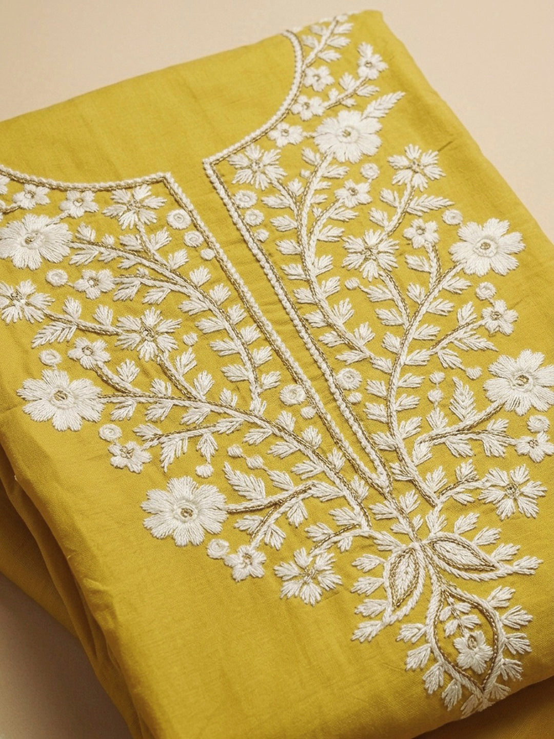 Yellow Embroidery Chanderi Unstitched Dress Material
