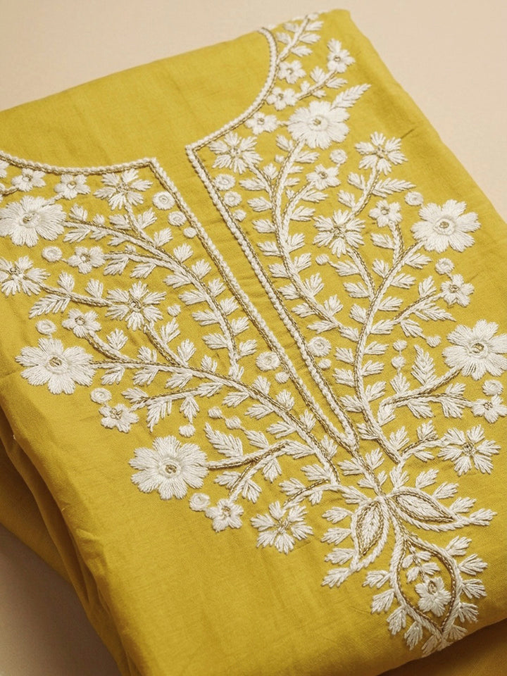 Yellow Embroidery Chanderi Unstitched Dress Material