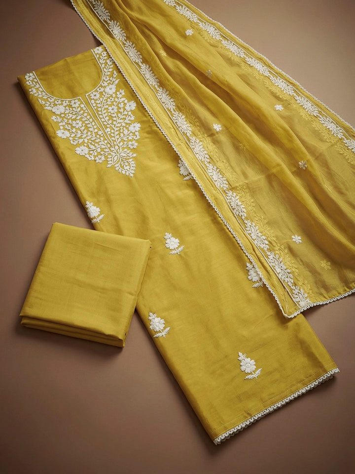 Yellow Embroidery Chanderi Unstitched Dress Material
