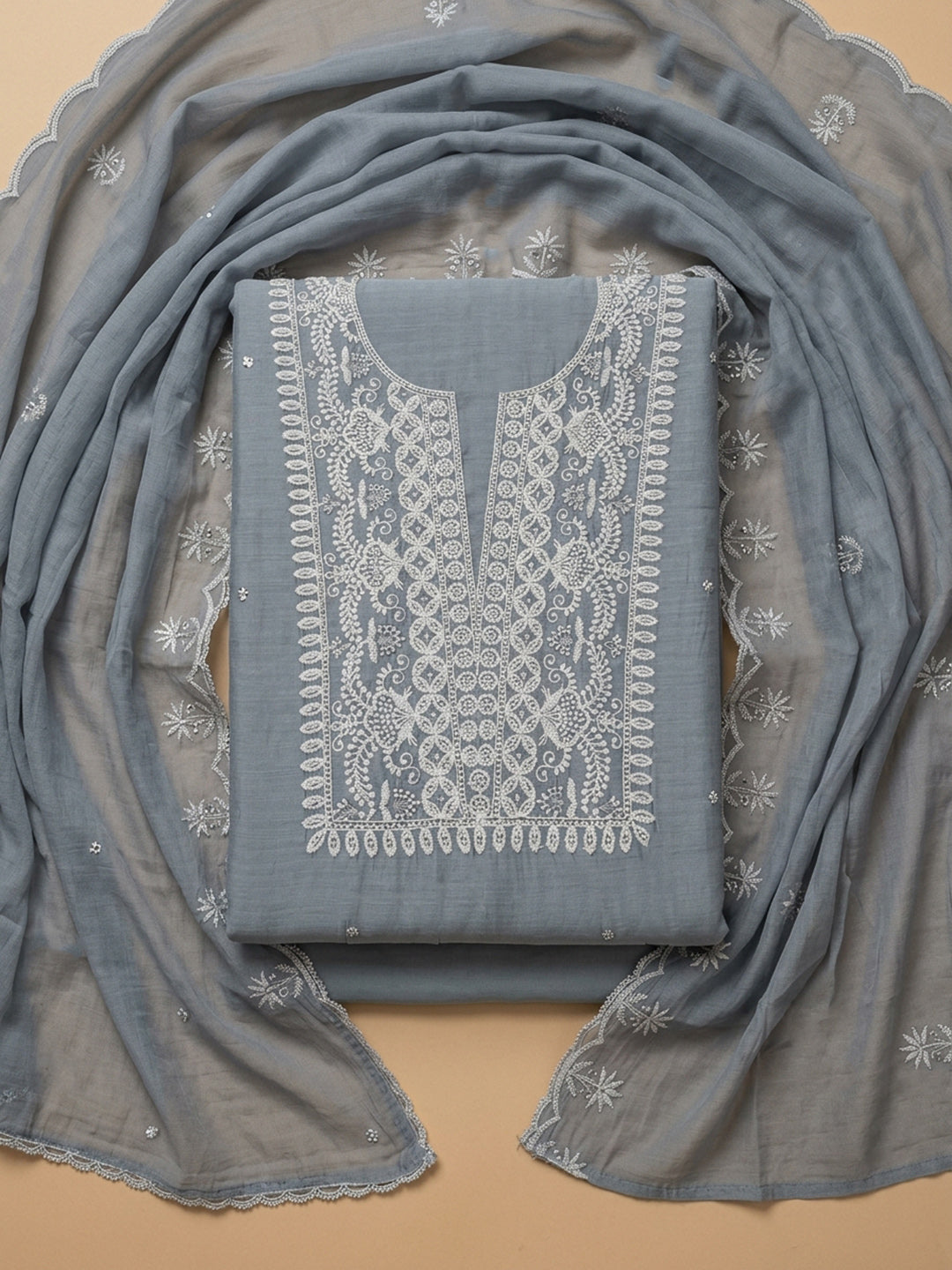 Grey  Chanderi Unstitched Dress Material