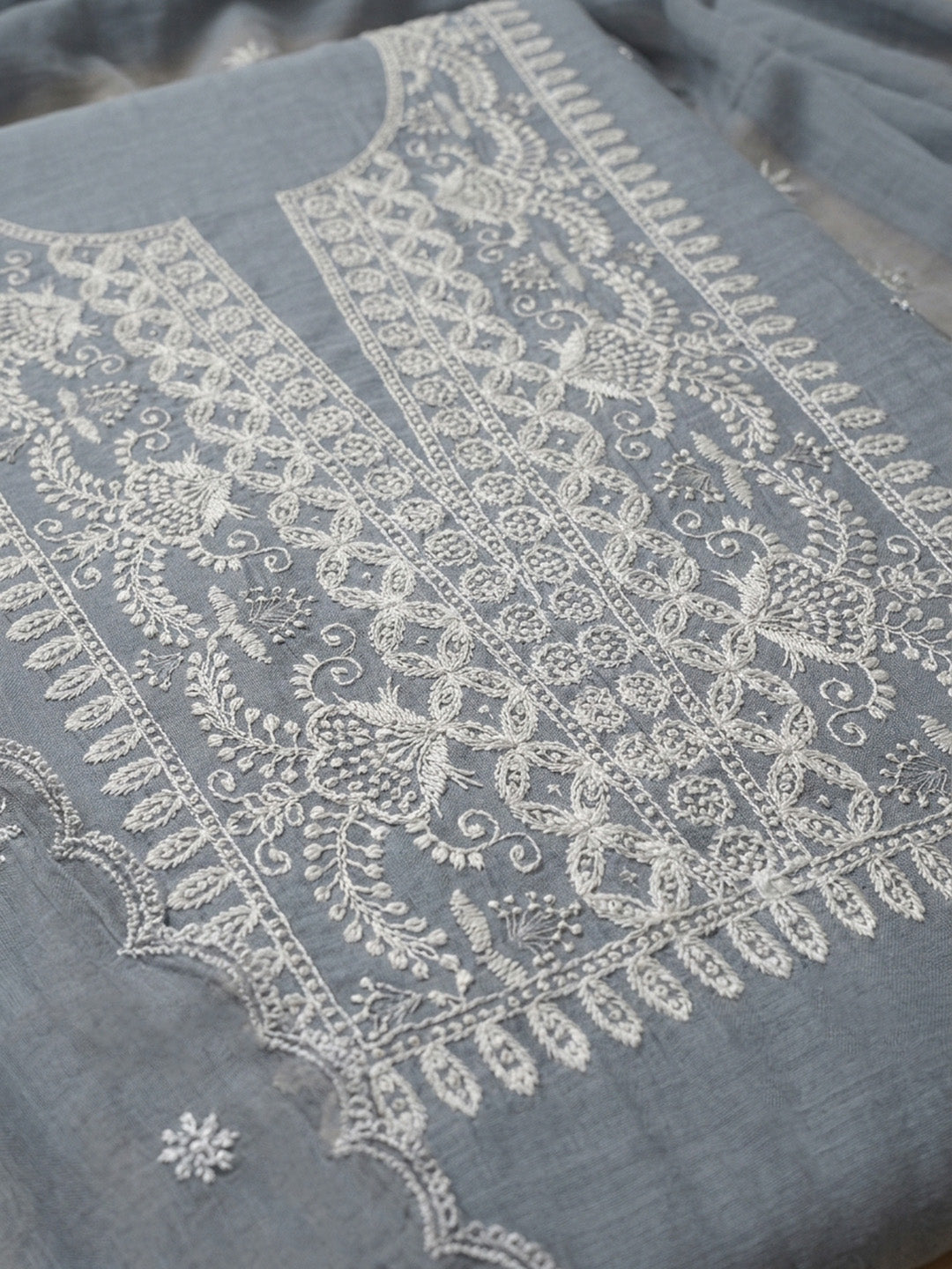 Grey  Chanderi Unstitched Dress Material