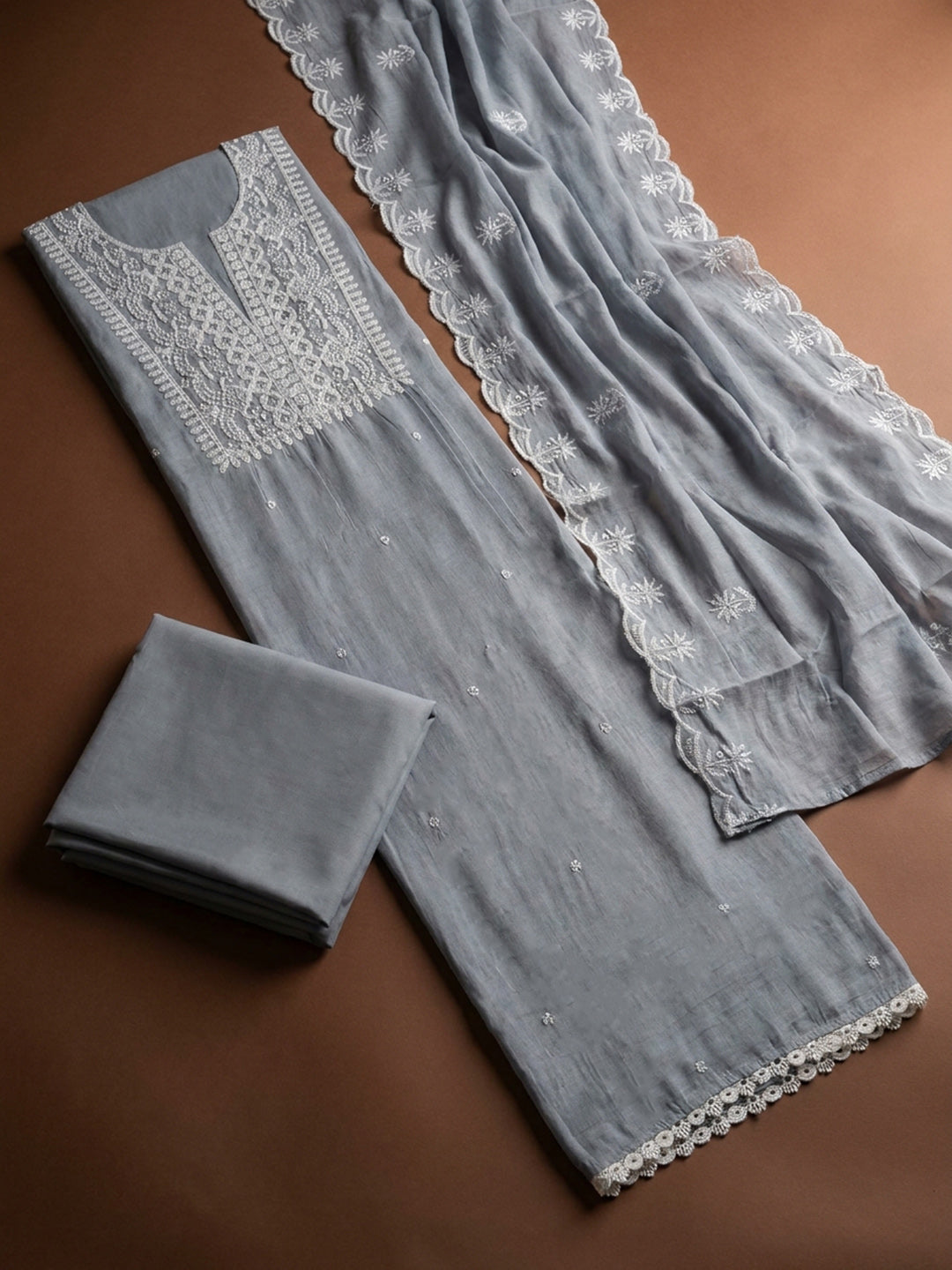 Grey  Chanderi Unstitched Dress Material