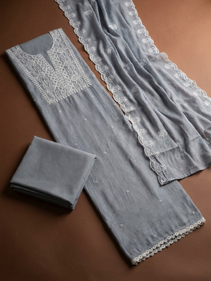 Grey  Chanderi Unstitched Dress Material
