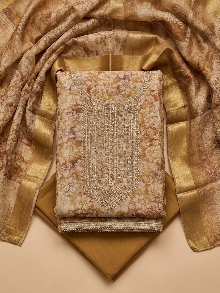Beige  Chanderi Unstitched Dress Material