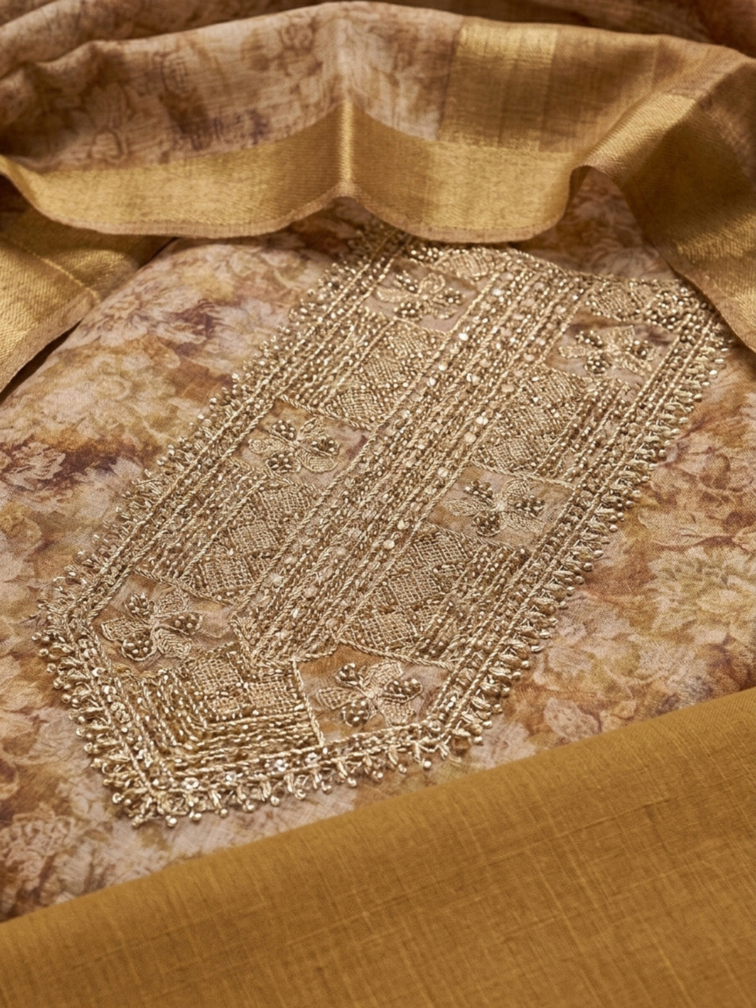 Beige  Chanderi Unstitched Dress Material