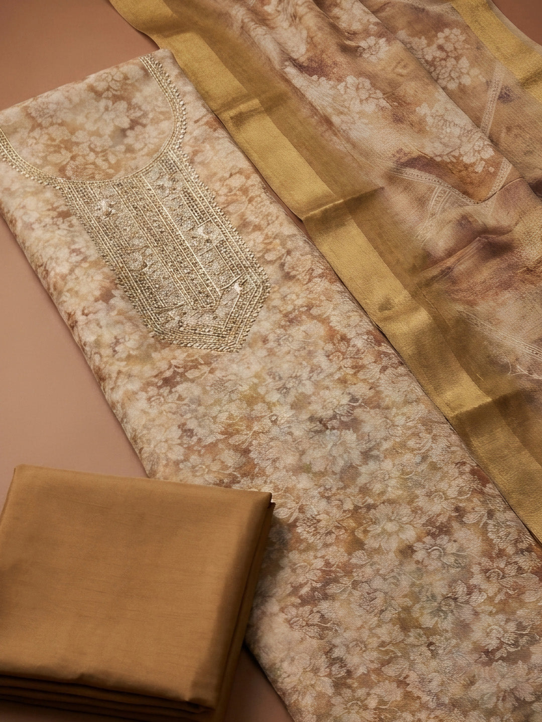Beige  Chanderi Unstitched Dress Material