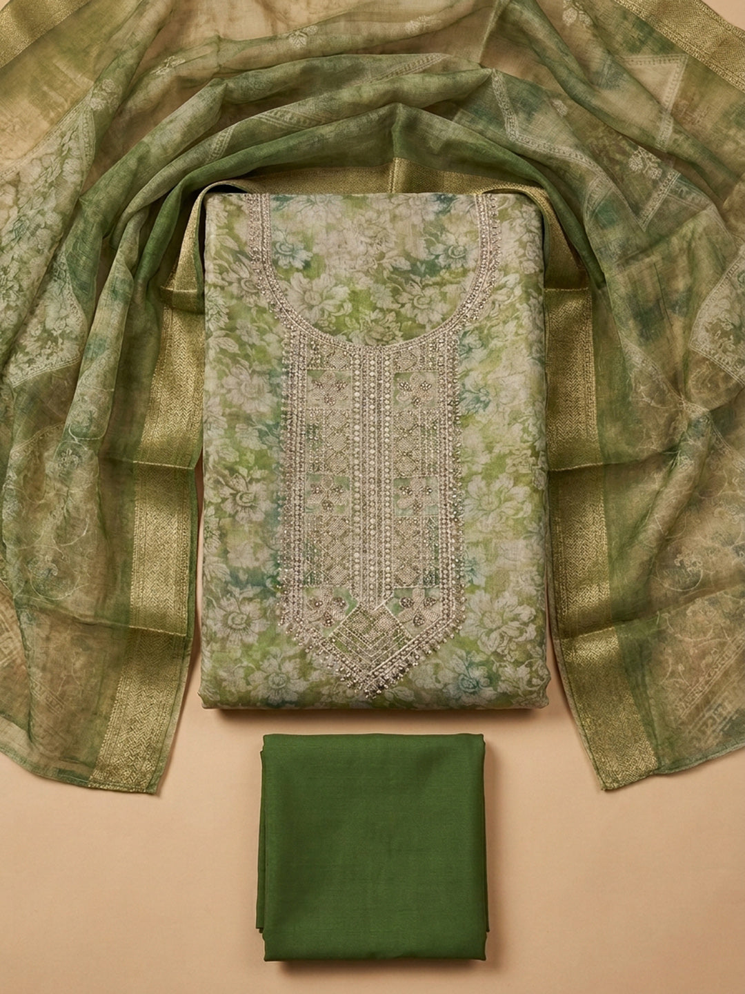 Bottle Green  Chanderi Unstitched Dress Material