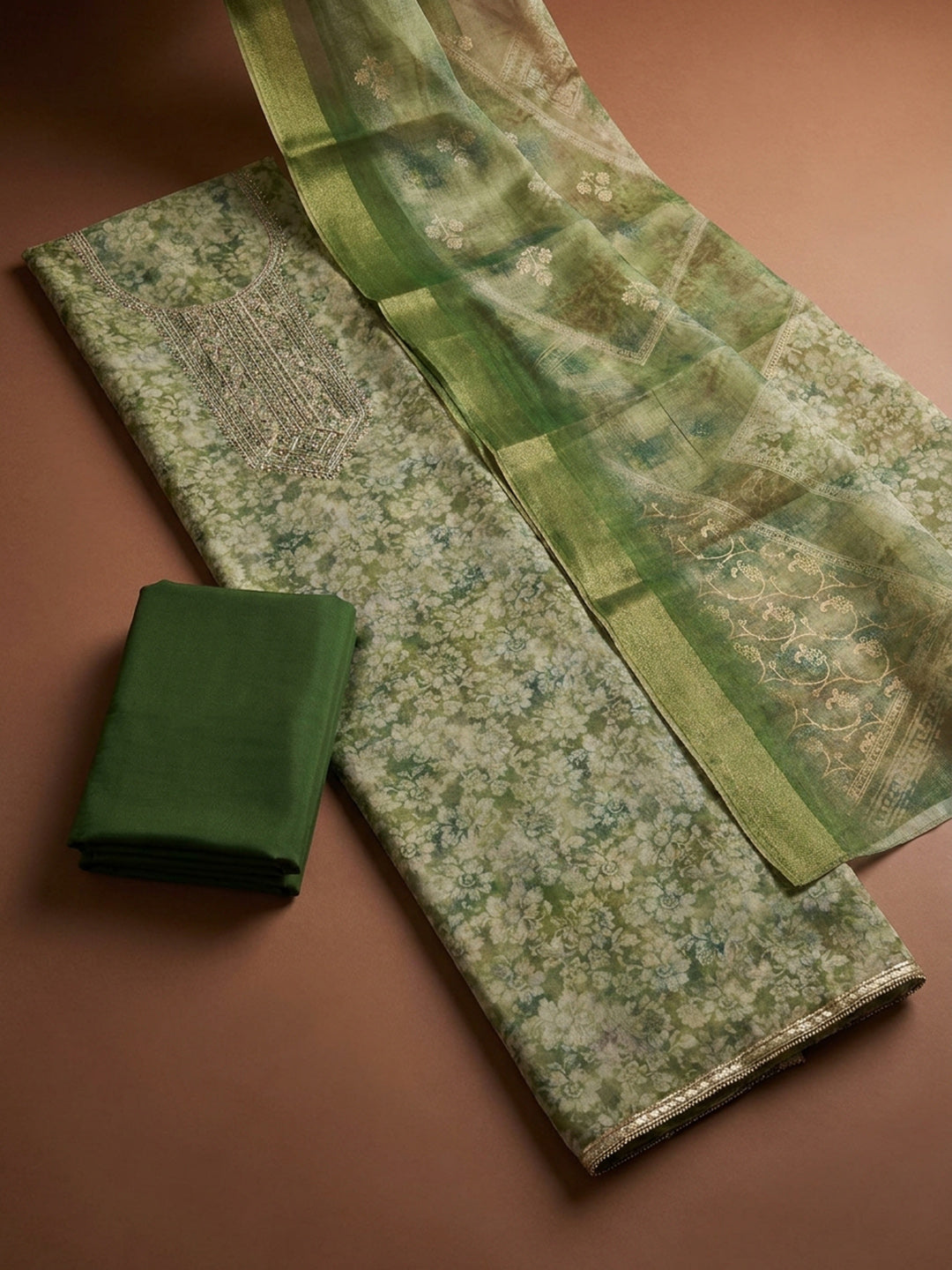 Bottle Green  Chanderi Unstitched Dress Material