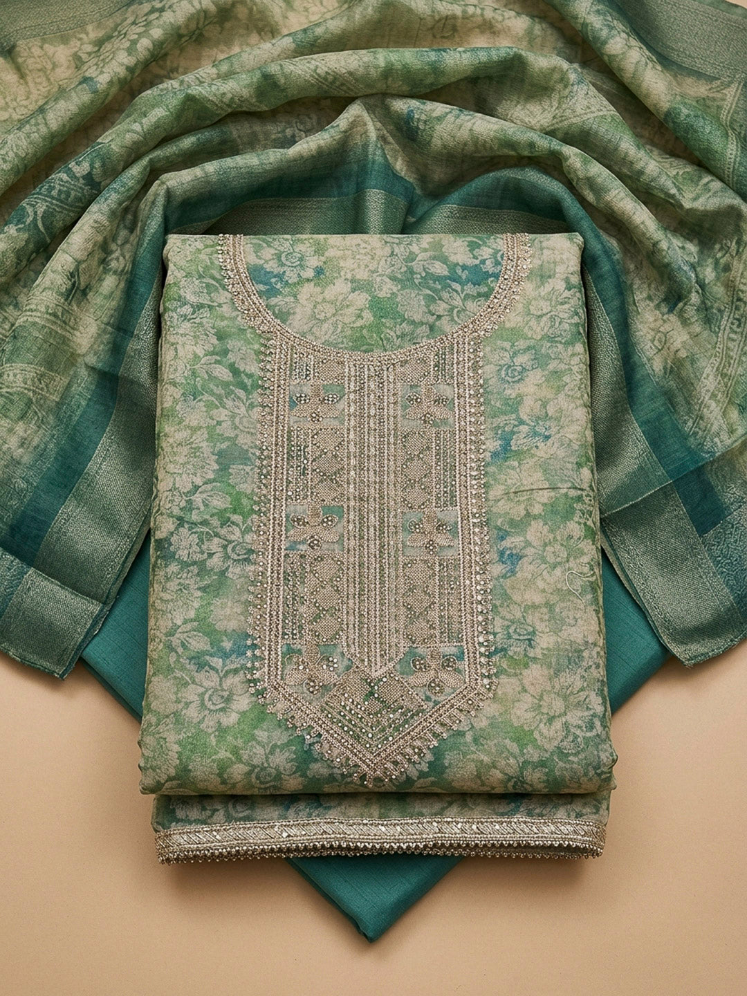 Teal Blue Chanderi Embroidered Unstitched Dress Material