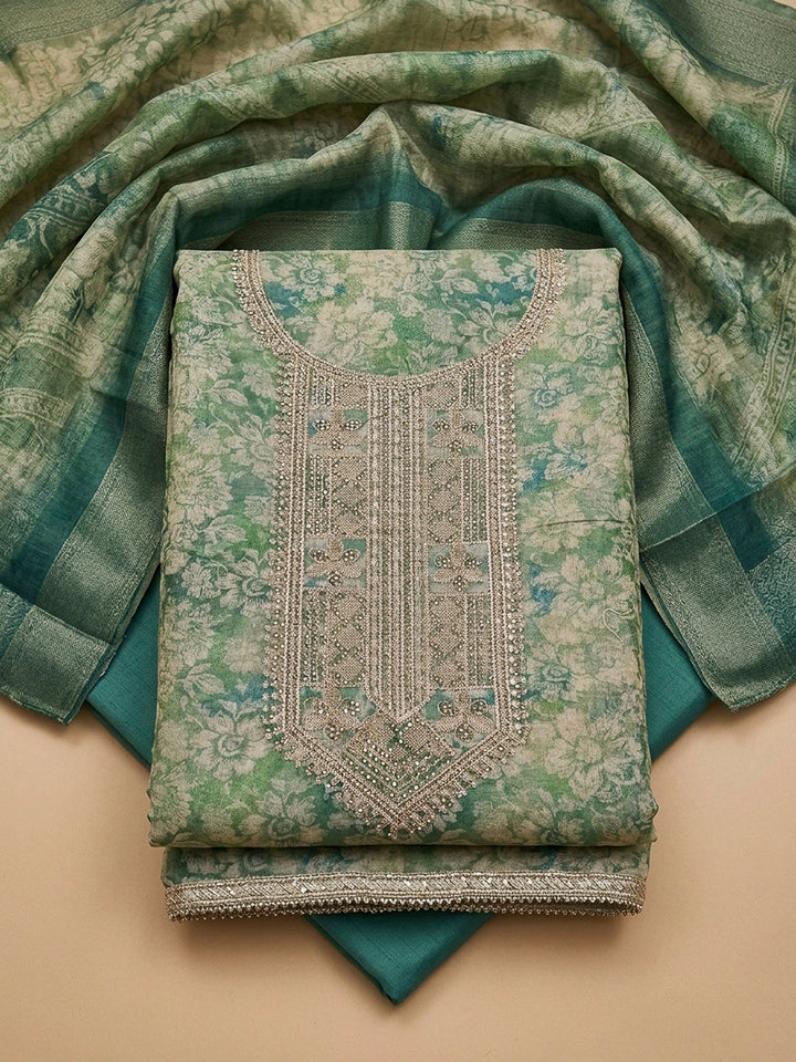 Teal Blue Chanderi Embroidered Unstitched Dress Material