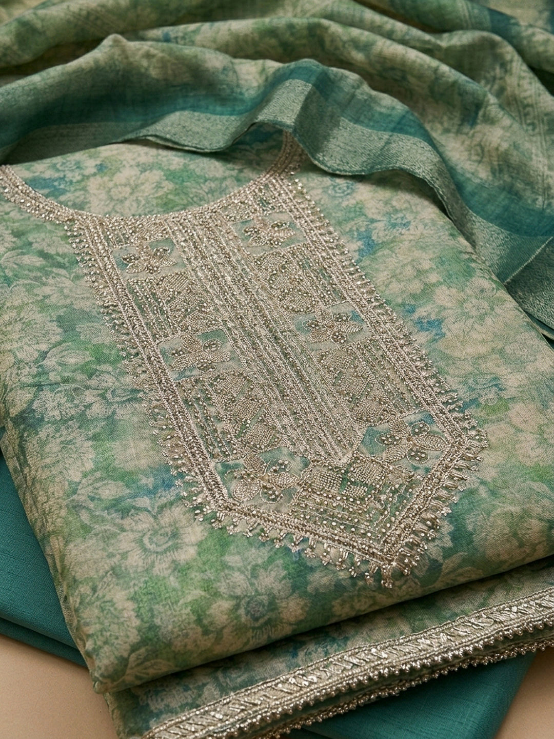 Teal Blue Chanderi Embroidered Unstitched Dress Material