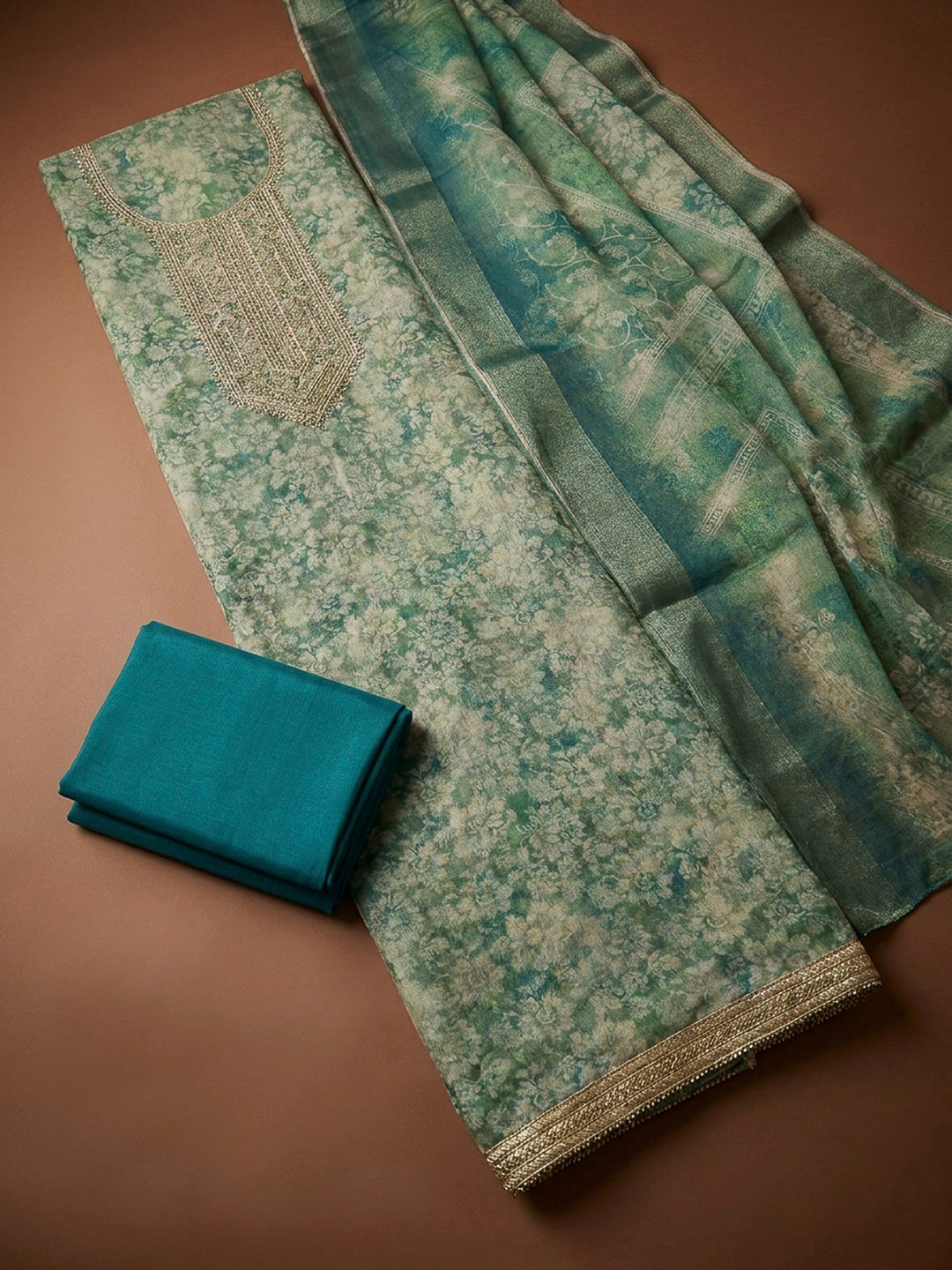 Teal Blue Chanderi Embroidered Unstitched Dress Material