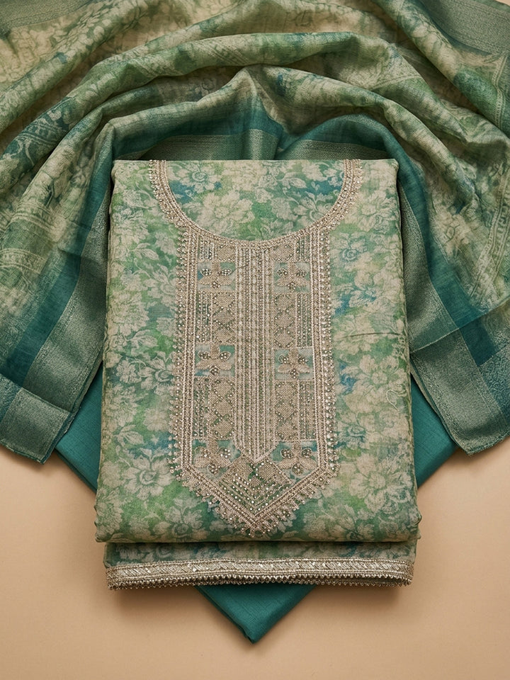 Teal Green  Chanderi Unstitched Dress Material