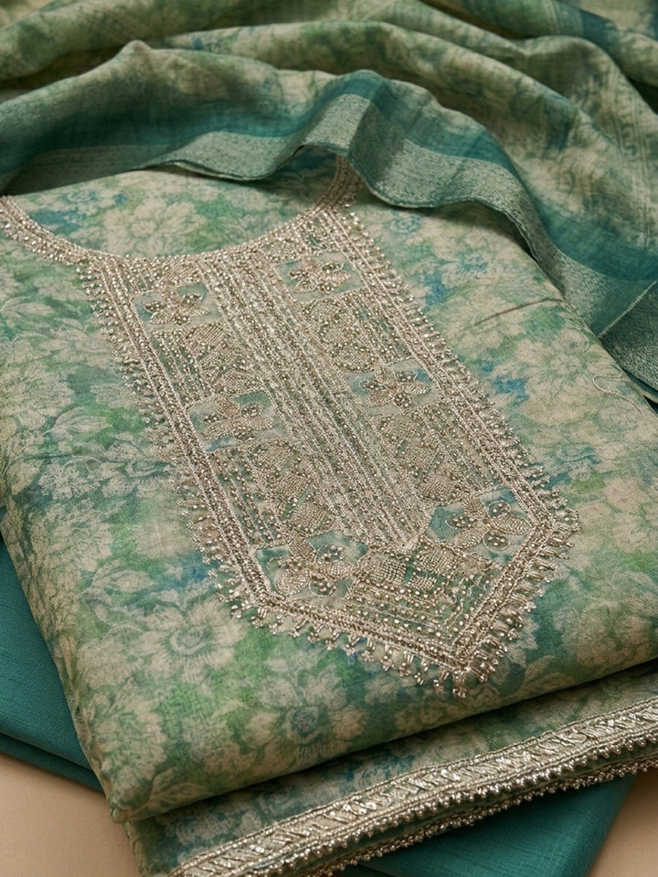 Teal Green  Chanderi Unstitched Dress Material