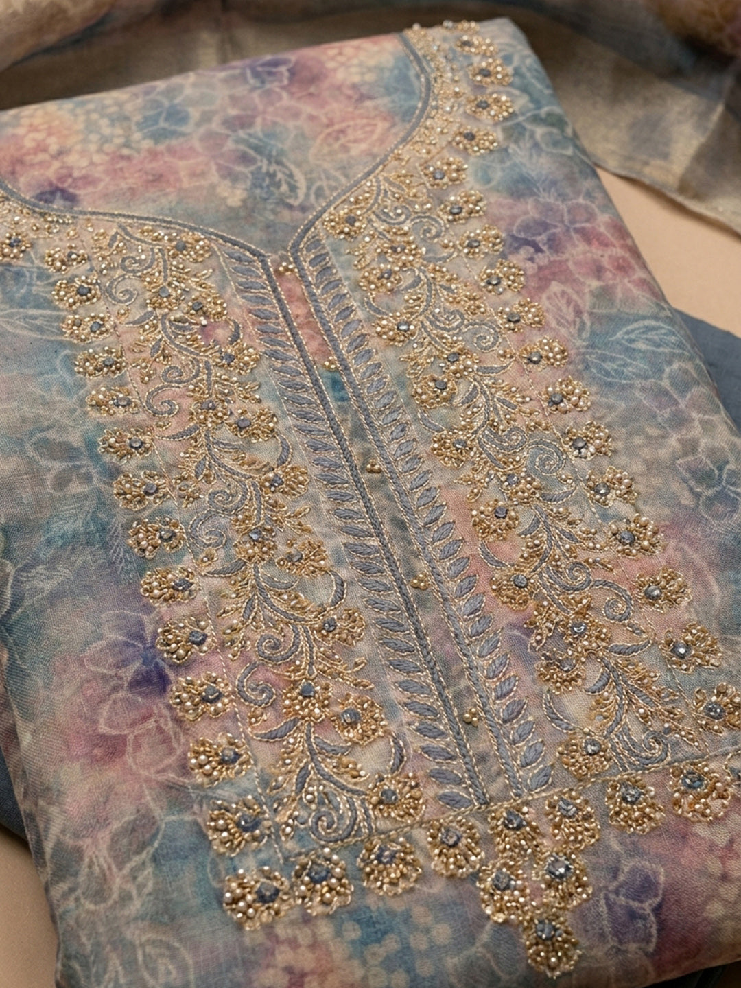 Grey  Chanderi Unstitched Dress Material