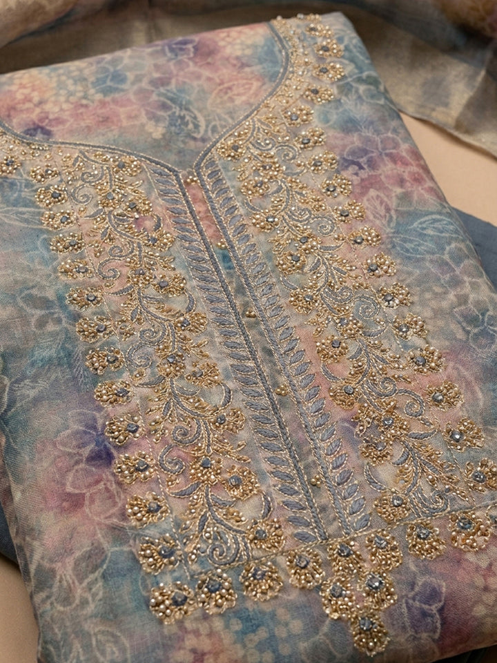 Grey  Chanderi Unstitched Dress Material