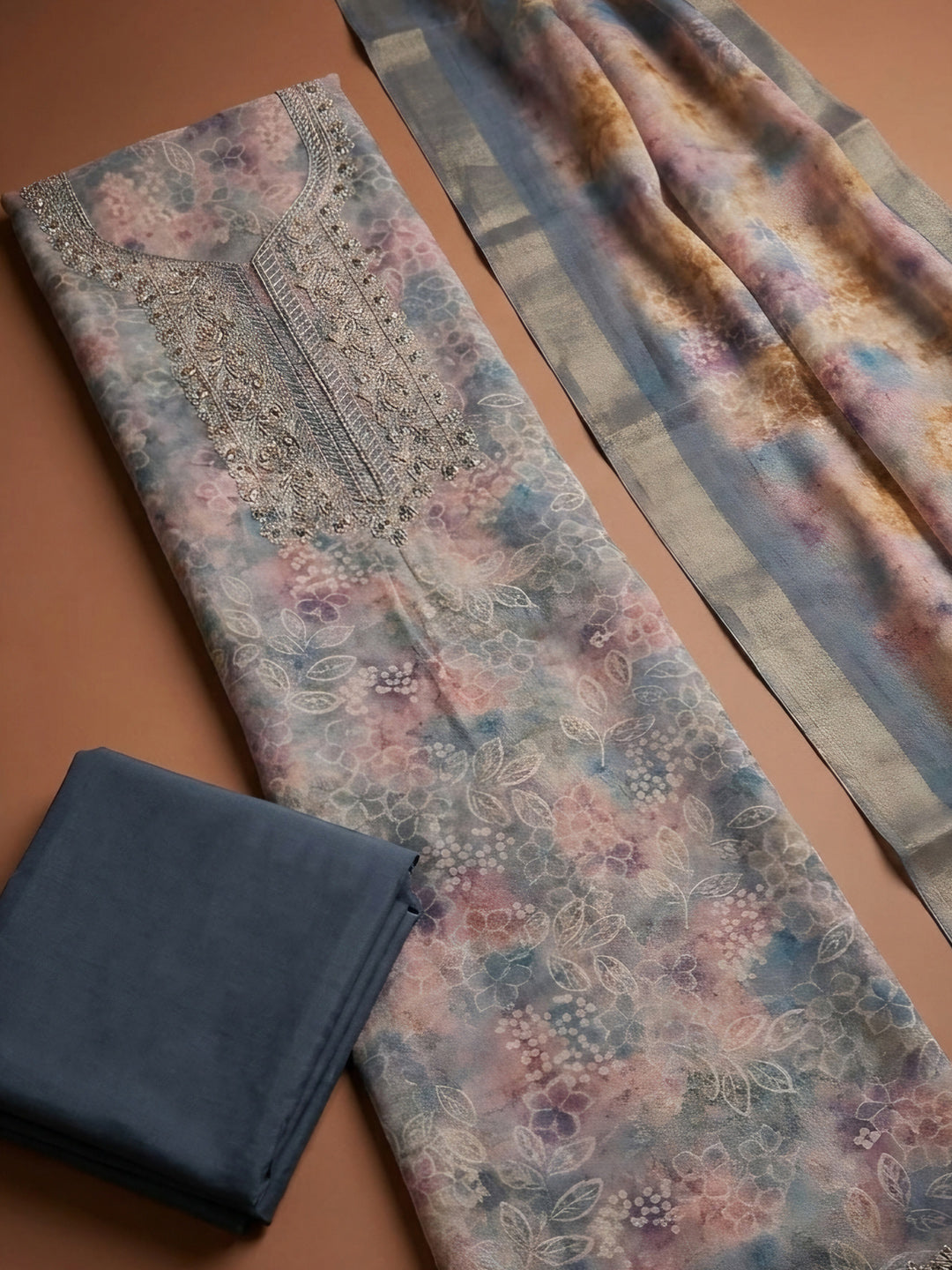 Grey  Chanderi Unstitched Dress Material