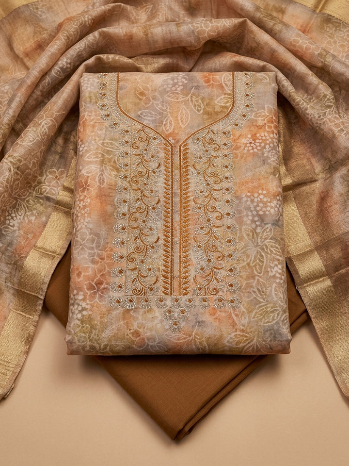 Peach  Chanderi Unstitched Dress Material