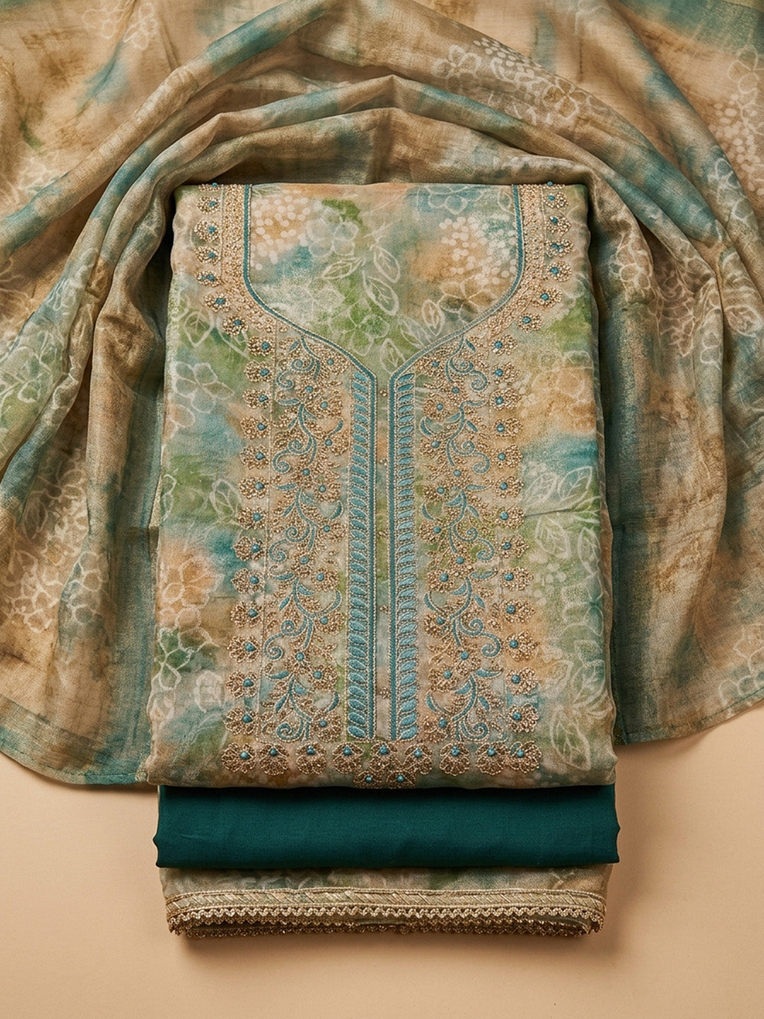 Rama Green  Chanderi Unstitched Dress Material