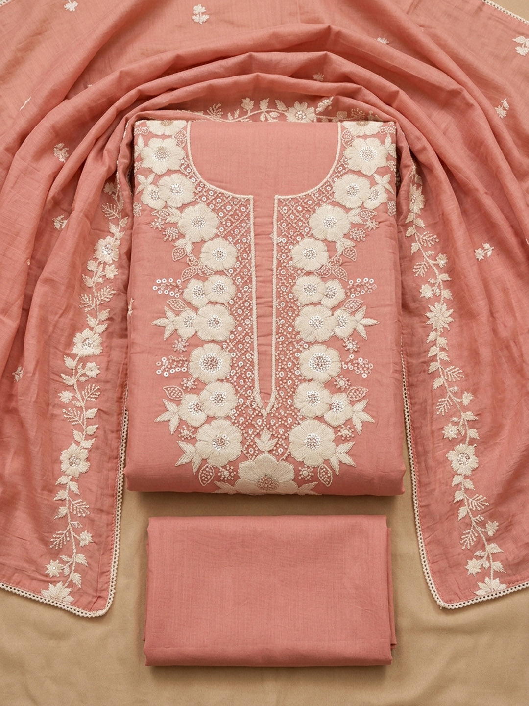 Peach  Chanderi Unstitched Dress Material