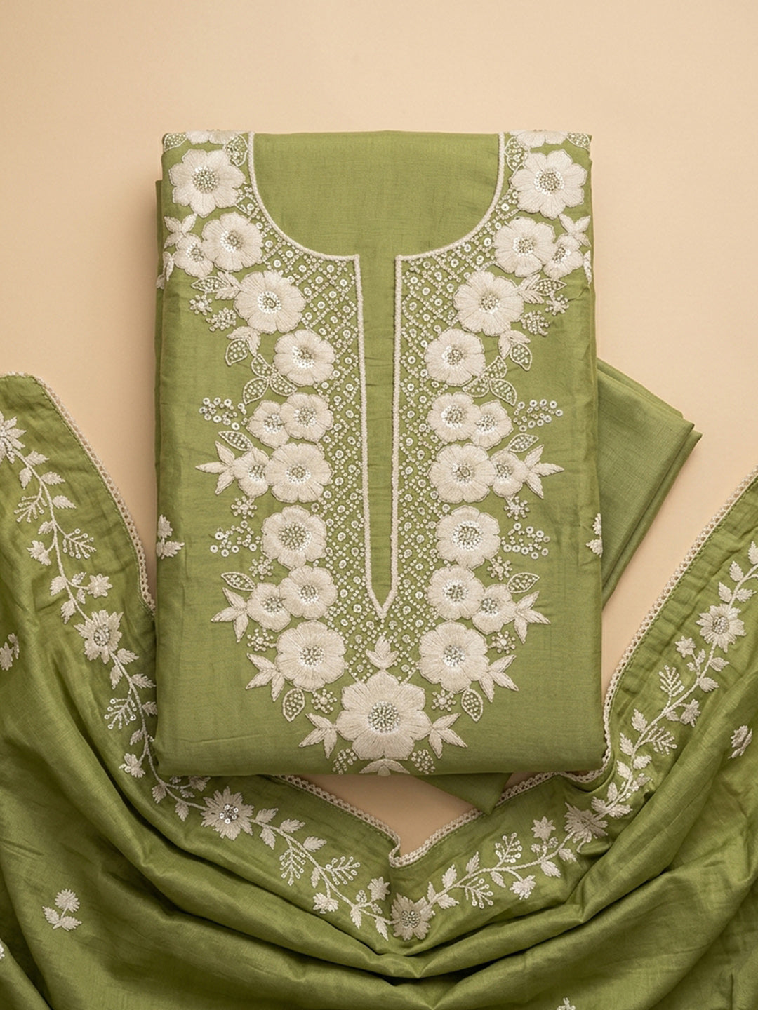 Pista Green  Chanderi Unstitched Dress Material