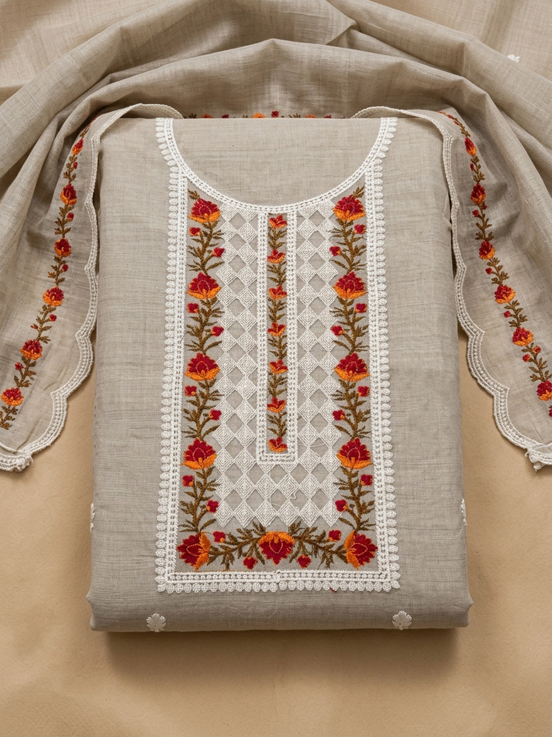 Beige  Chanderi Unstitched Dress Material