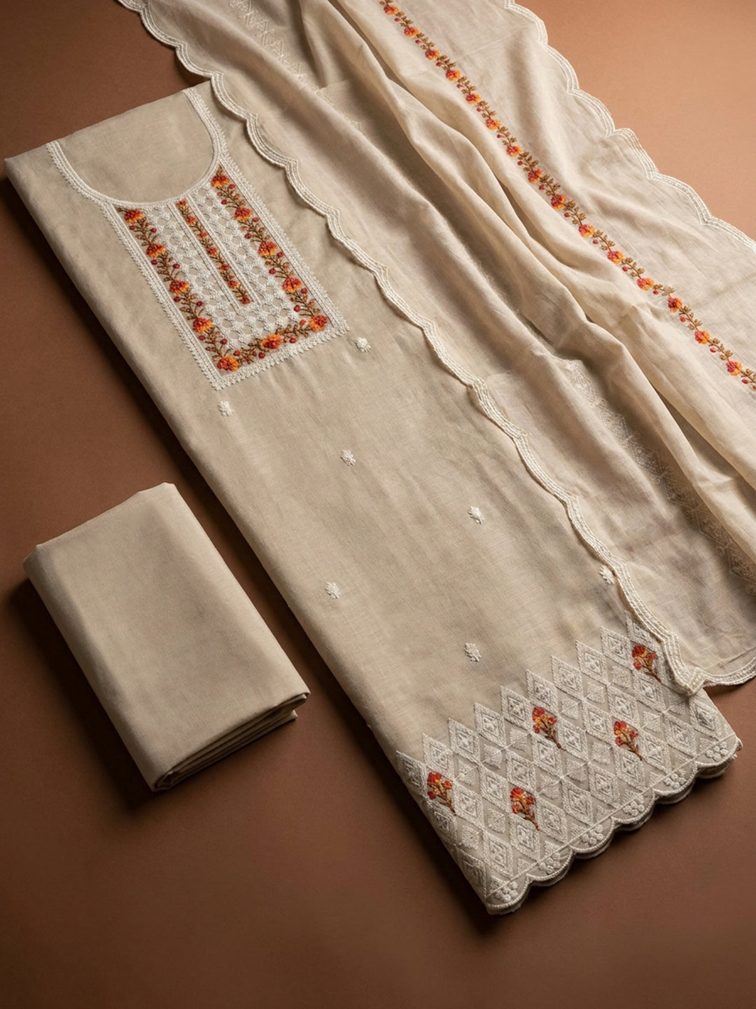 Beige  Chanderi Unstitched Dress Material