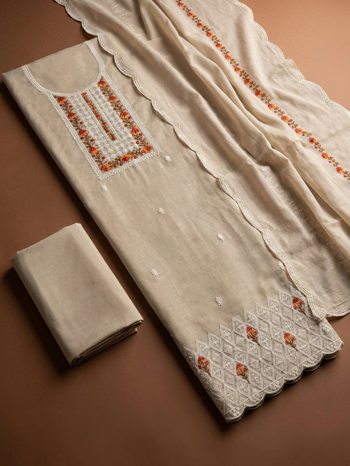 Beige  Chanderi Unstitched Dress Material