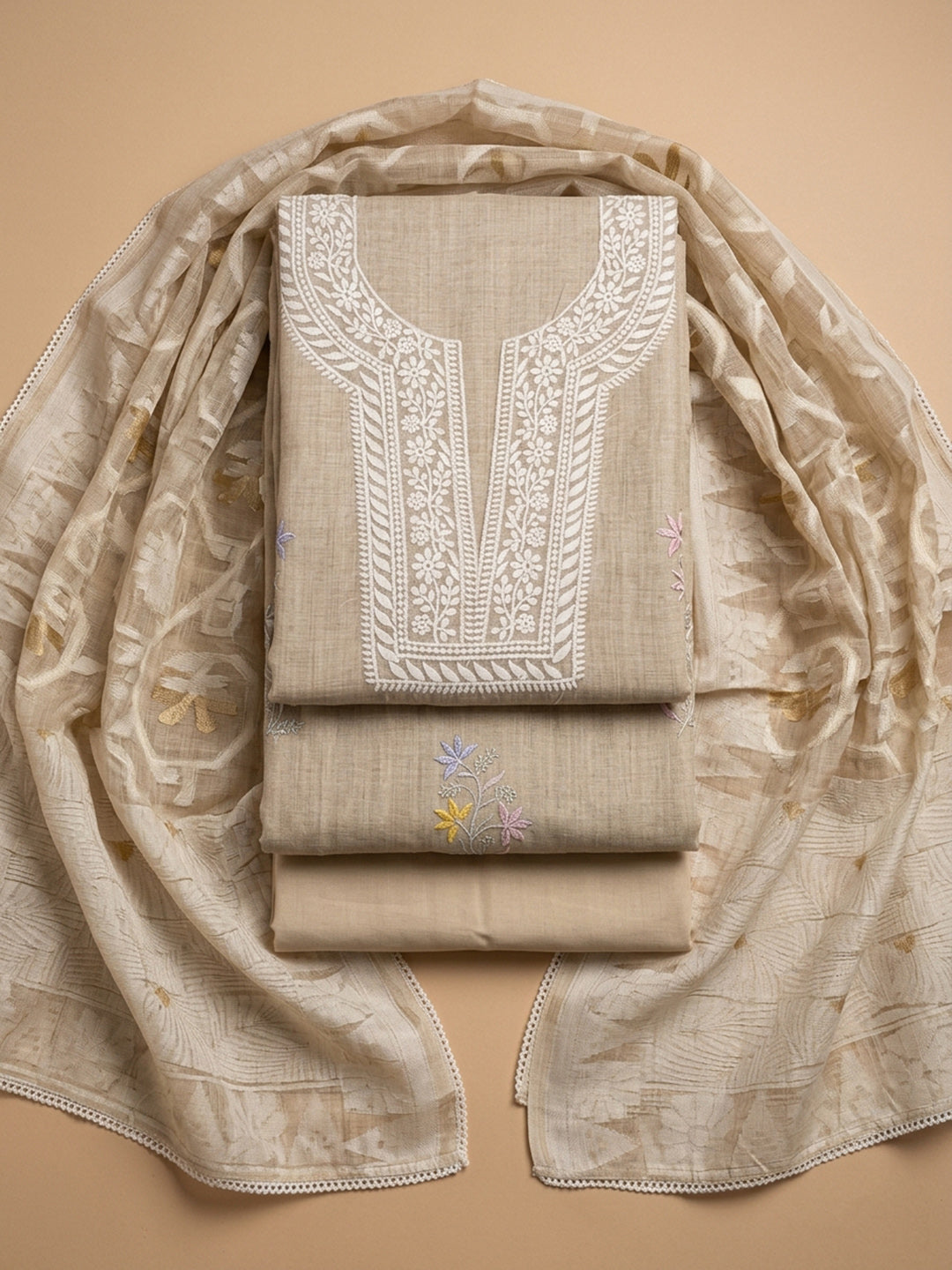 Off White  Chanderi Unstitched Dress Material