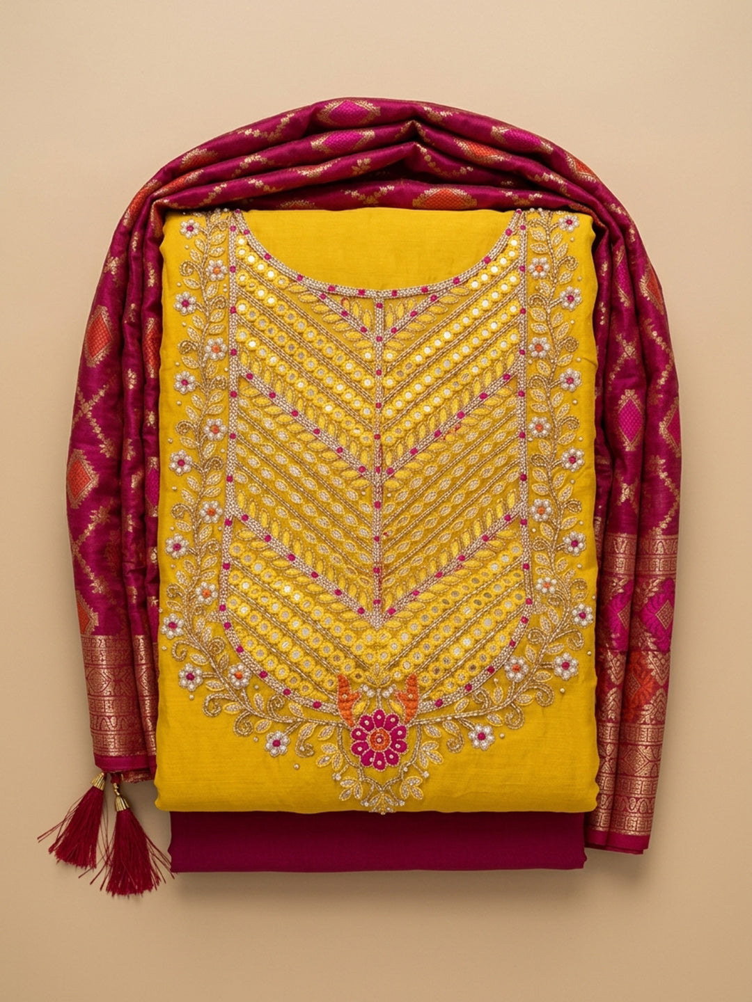 Mustard  Chanderi Unstitched Dress Material