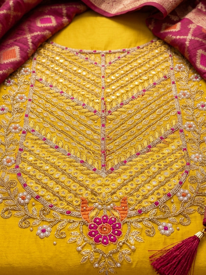 Mustard  Chanderi Unstitched Dress Material