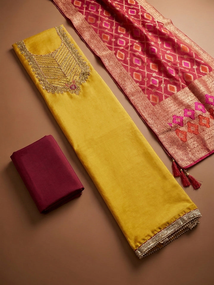 Mustard  Chanderi Unstitched Dress Material