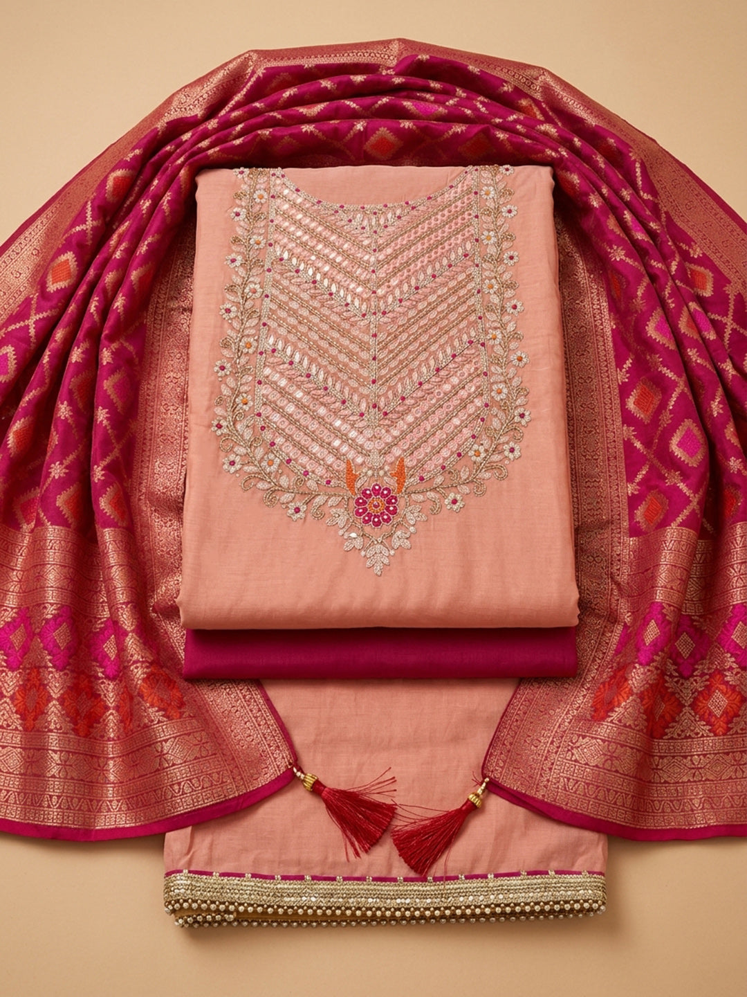 Peach  Chanderi Unstitched Dress Material