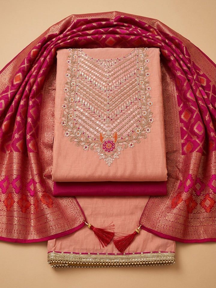 Peach  Chanderi Unstitched Dress Material