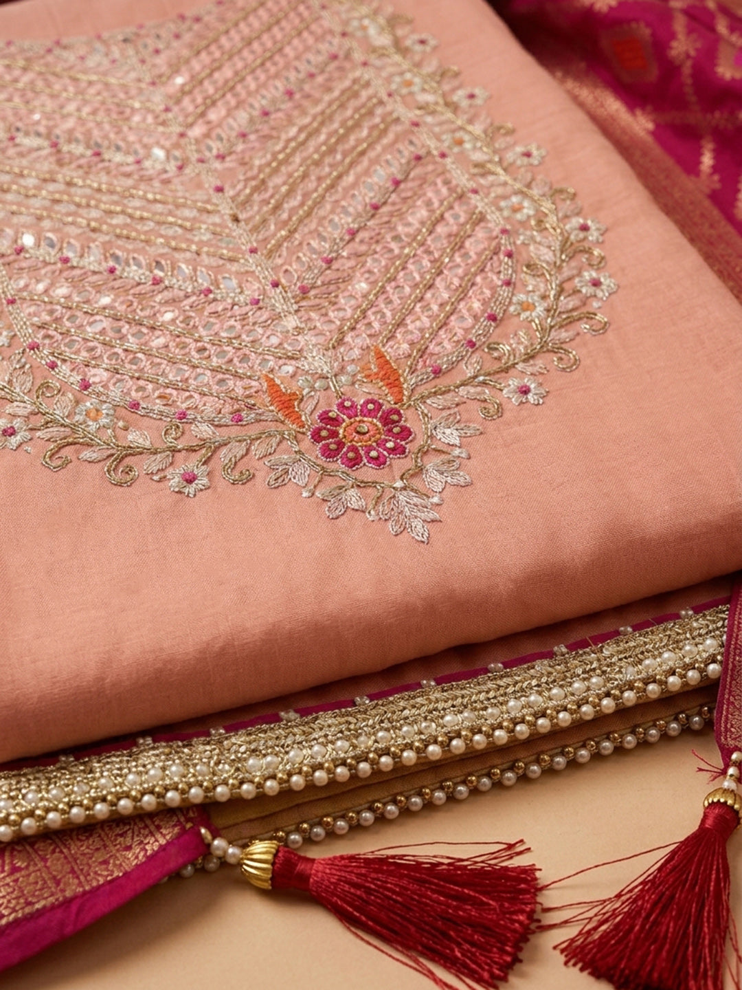 Peach  Chanderi Unstitched Dress Material